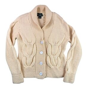Eddie Bauer Cardigan Hand-Knit Womens L Cream Wool Blend Cable Knit Shawl Collar